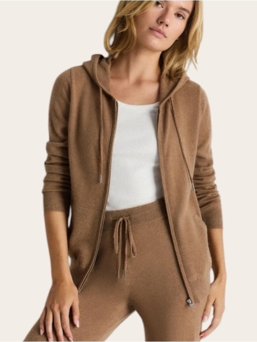 Quince Mongolian Cashmere Full Zip Front Hoodie Cardigan Teak Pockets Size L